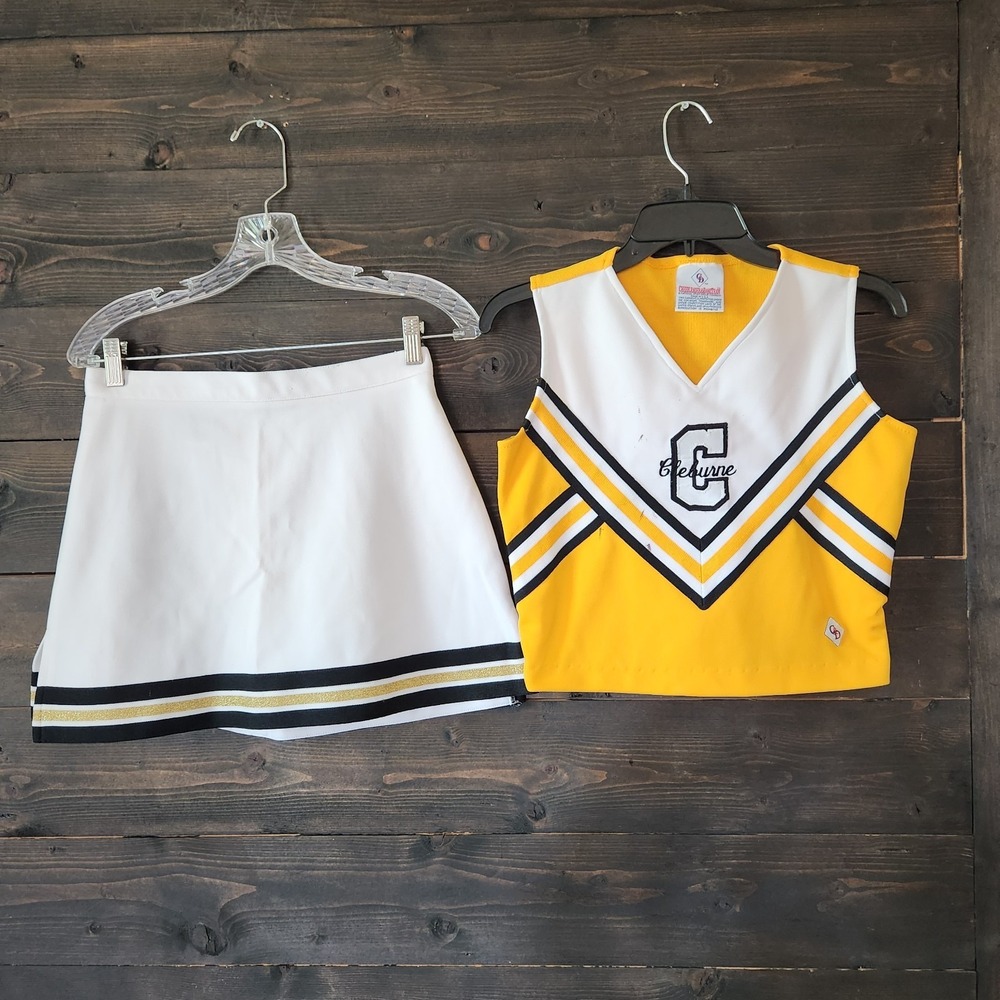 Vtg VARSITY School Cheerleader Uniform Top Skirt Cheer Costume XLY 9-13 Yellow